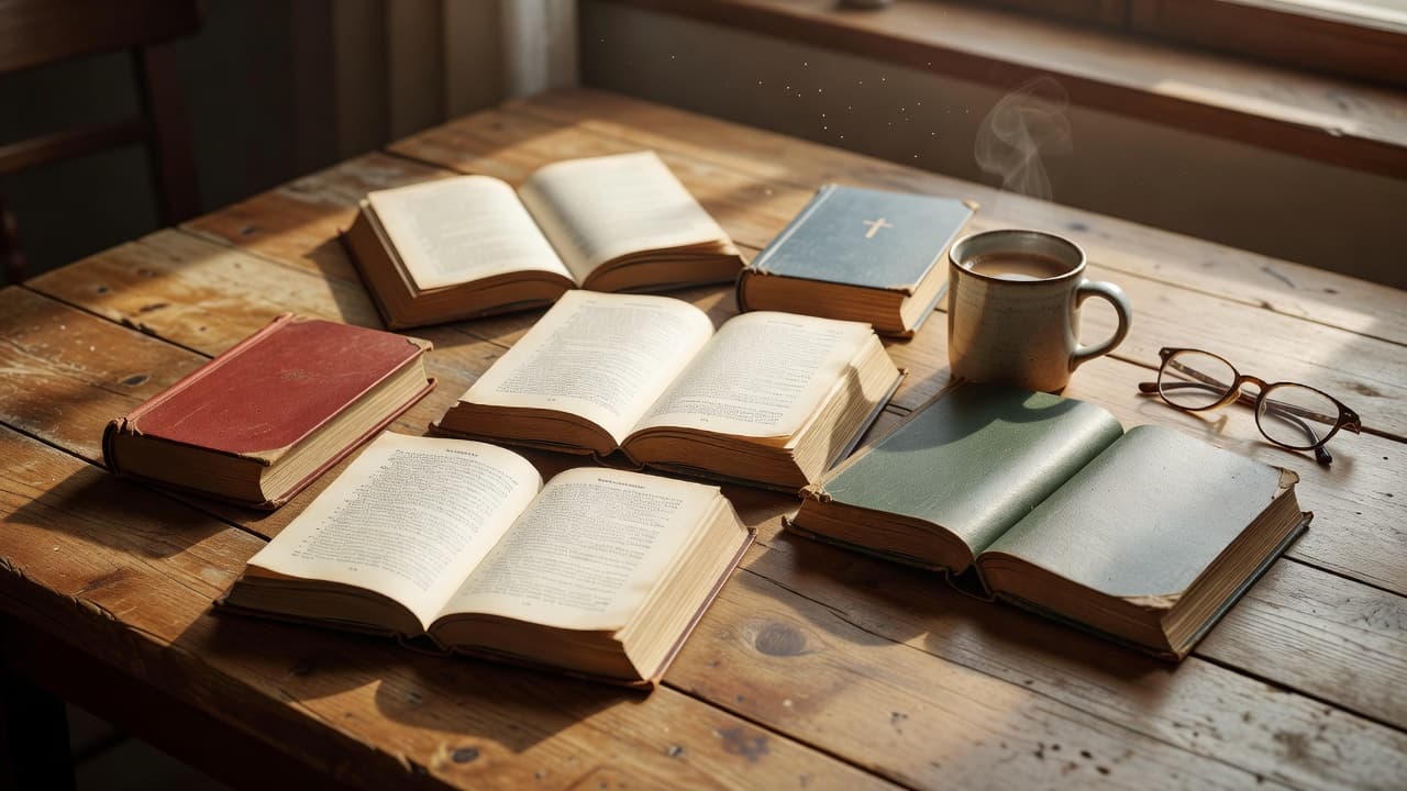 Diferentes libros abiertos sobre una mesa de madera iluminada con luz cálida natural, evocando la variedad de opciones disponibles para el lector