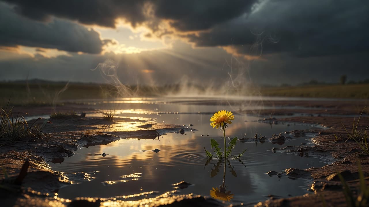 Cielo despejándose con luz cálida sobre un paisaje después de una tormenta, reflejando esperanza y calma