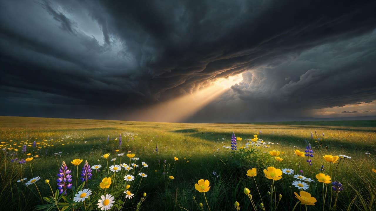 Rayo de luz dorada atravesando nubes oscuras sobre un campo abierto, evocando esperanza en medio de la tormenta