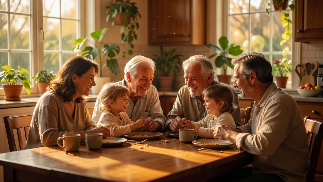 Familia reunida en un hogar cálido compartiendo un momento de unión y afecto