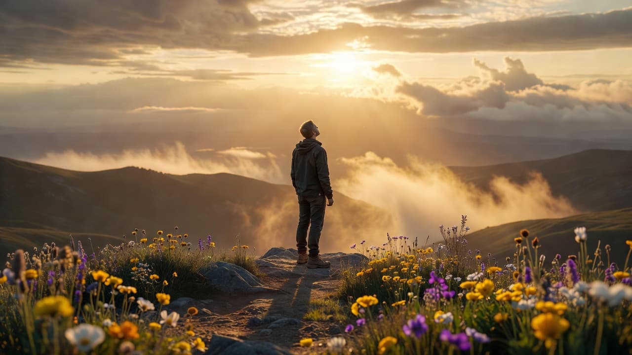 Persona de pie al amanecer mirando hacia un horizonte luminoso entre montañas, transmitiendo esperanza y confianza