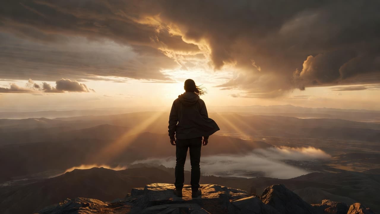 Persona de pie frente a un amanecer en la cima de una montaña, transmitiendo fortaleza y esperanza