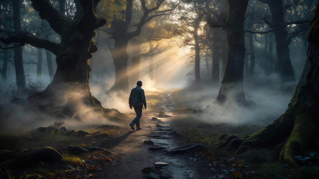 Persona caminando por un sendero entre la niebla hacia una luz cálida al fondo, representando la obediencia en la incertidumbre