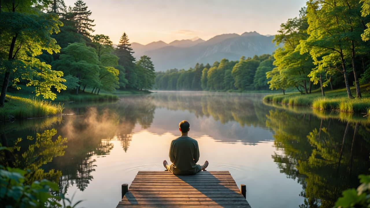 Persona sentada junto a un lago en calma al amanecer, reflejando serenidad y paz interior