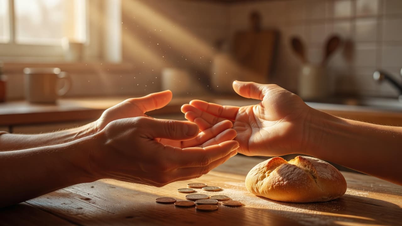 Manos abiertas recibiendo luz cálida como símbolo de provisión y esperanza en tiempos de necesidad económica