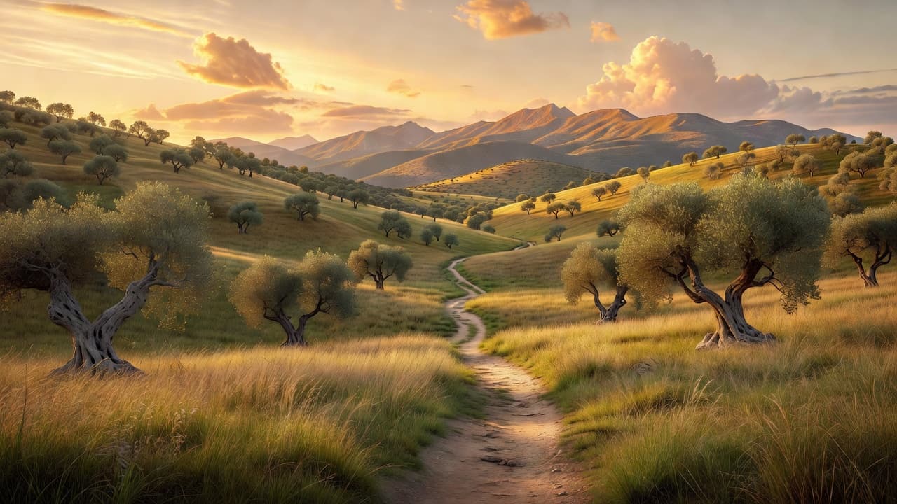 Luz dorada del amanecer iluminando un paisaje montañoso que evoca la grandeza de las promesas del Antiguo Testamento
