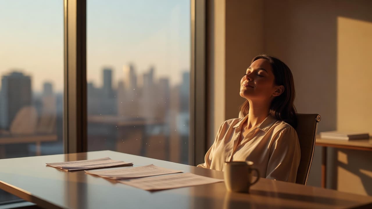 Persona junto a una ventana con luz cálida encontrando calma después de una jornada de trabajo