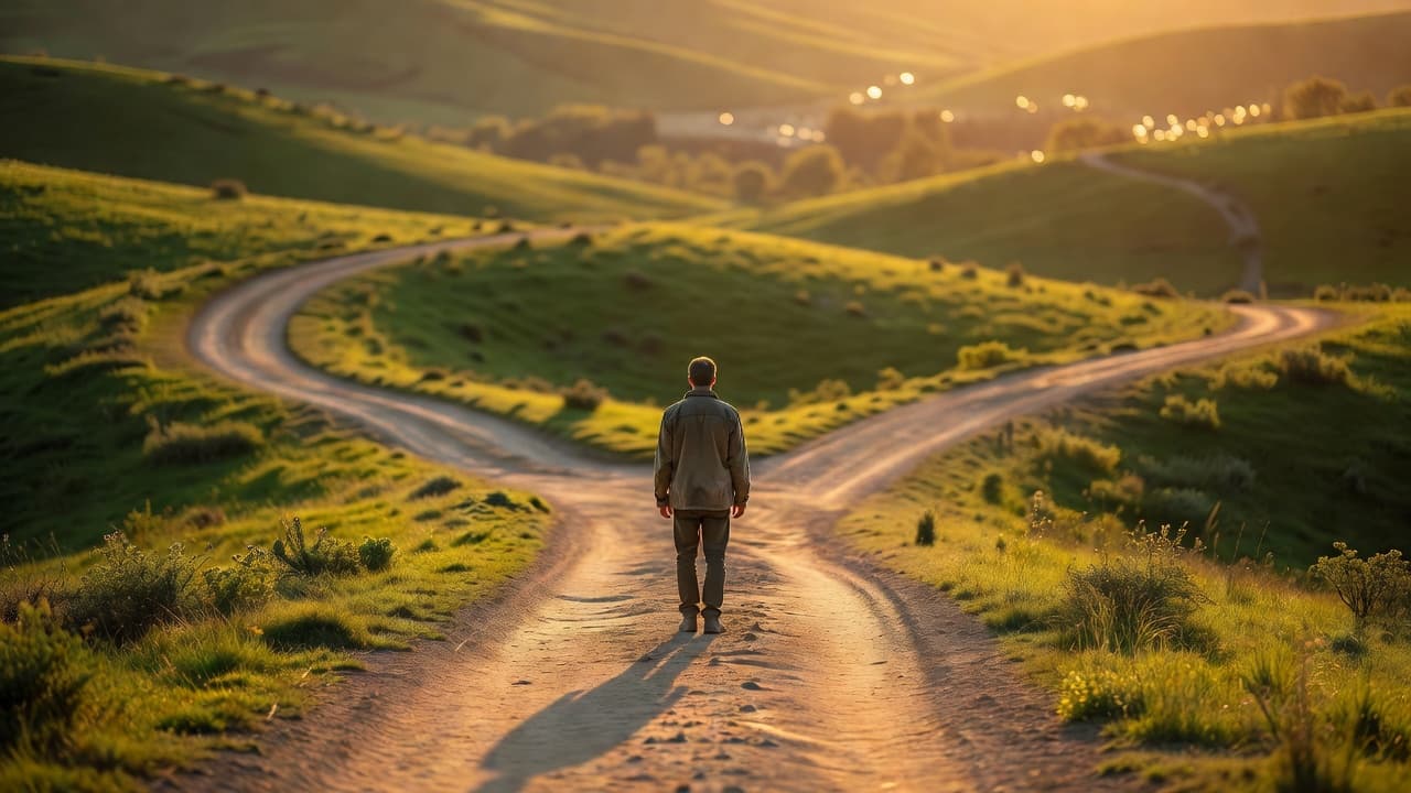 Persona contemplando un camino que se bifurca en medio de un paisaje iluminado por luz dorada al amanecer