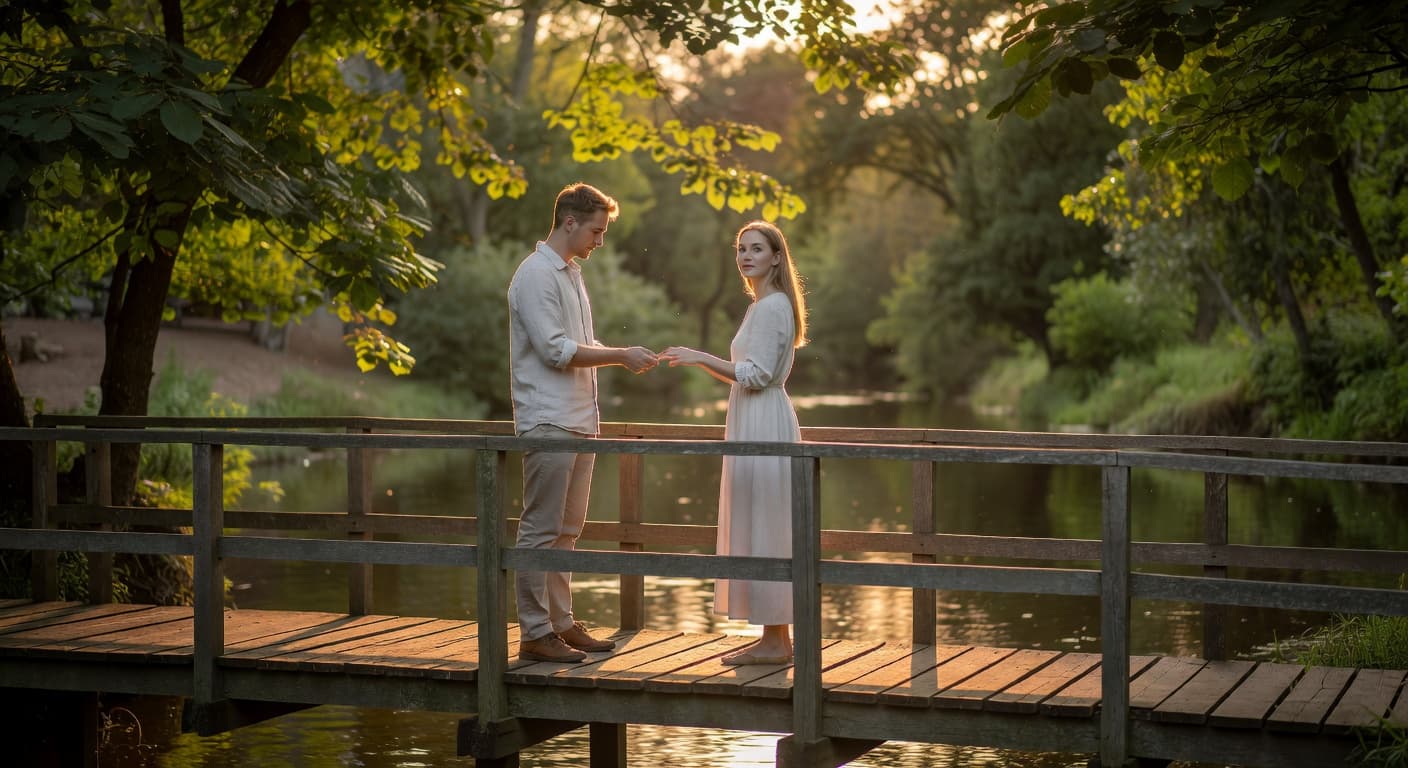 Pareja caminando junta por un sendero al atardecer con luz cálida