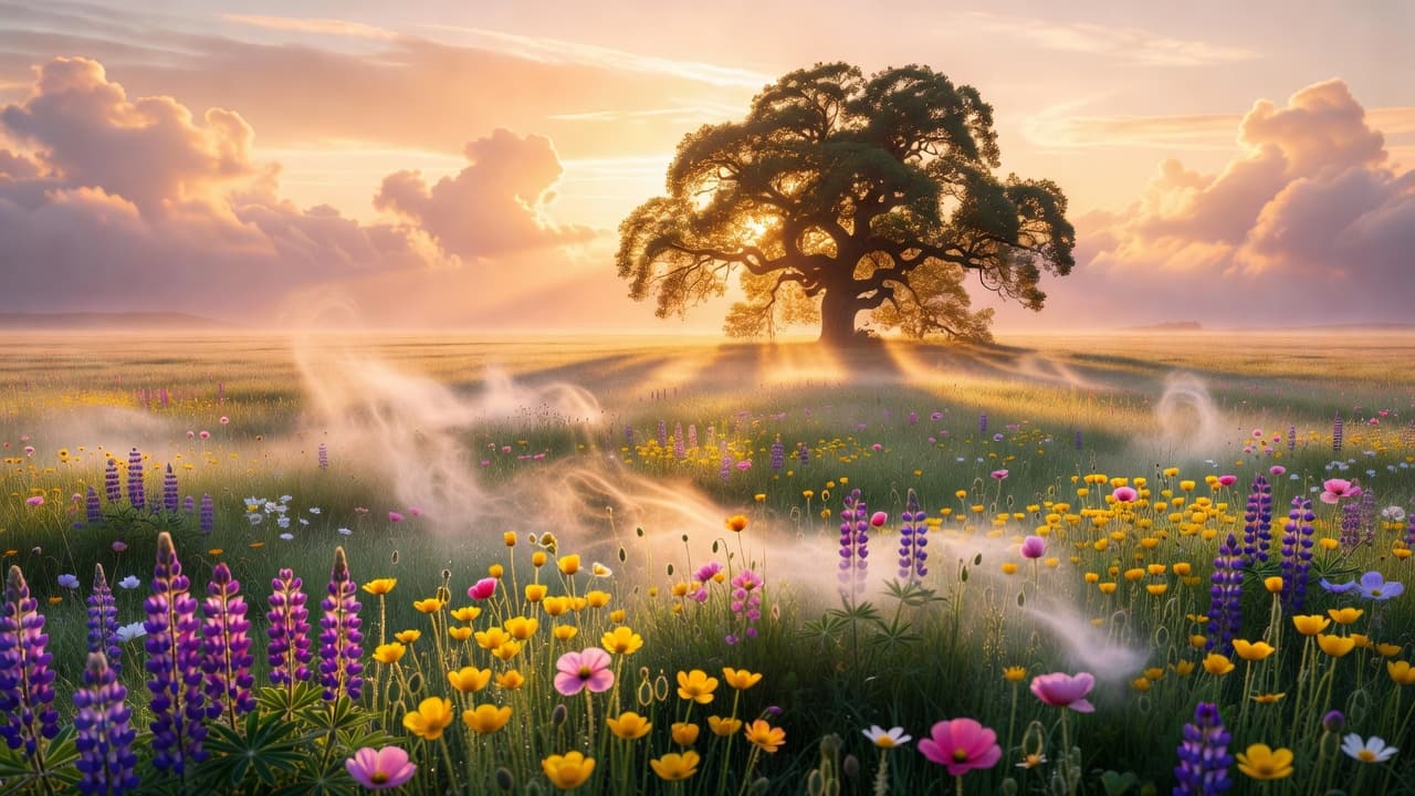 Luz dorada del amanecer cayendo sobre un campo abierto, evocando la calidez del amor incondicional de Dios