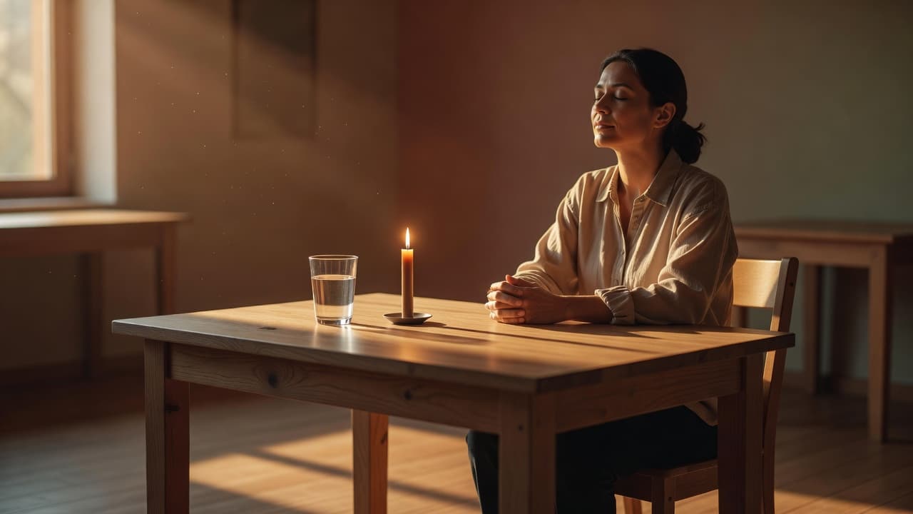 Persona en un momento de quietud y reflexión durante el amanecer, evocando una actitud de búsqueda espiritual