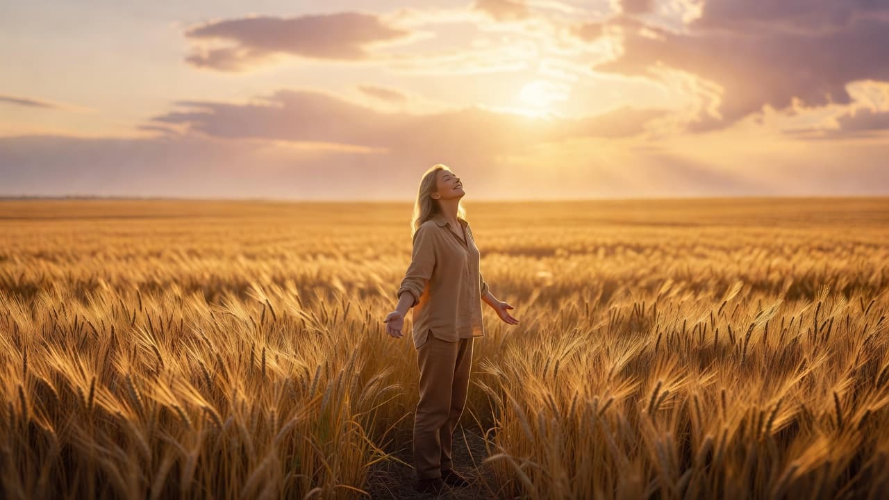 Persona contemplando un amanecer dorado sobre un campo abierto con expresión de paz y gratitud